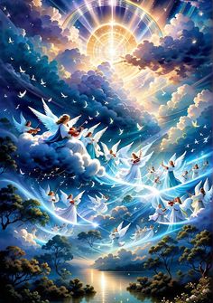 a painting of angels flying in the sky above trees and water with sun shining through clouds