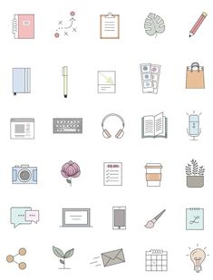 a bunch of different types of items on a white background, including pens and notebooks