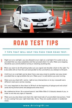 a white car driving through orange cones in a parking lot with the words road test tips