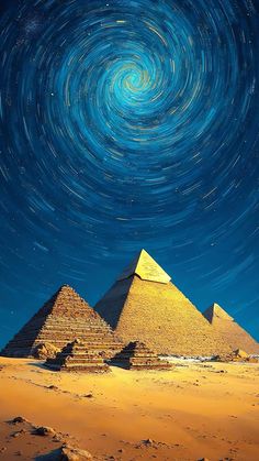 three pyramids in the desert under a star filled sky