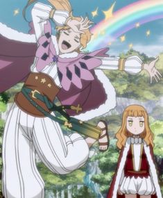 two anime characters are standing in front of a rainbow and one has her arms outstretched