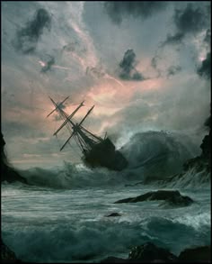 a painting of a ship in rough seas with waves crashing against the shore and clouds