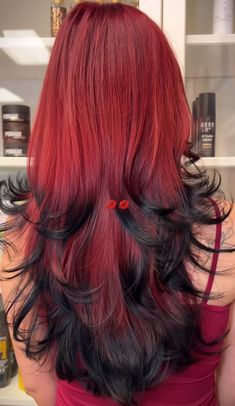 Red Prism Hair, Black Tips On Hair, Dyed Hair With Black Roots, Black Hair With Colors, Character Hair Color Ideas, Red Hair White Tips, Black White Red Hair, Deep Red With Highlights, Burgundy Hair Dye Ideas