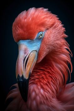 a close up of a red bird with a black background