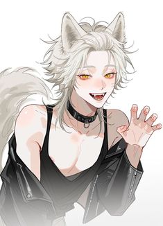 an anime character with white hair and yellow eyes, wearing a black top that has wolf ears on it's head