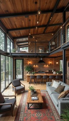 Industrial Cabin Design, Modern Rustic Cottage Design, Cozy Rural Home, Cozy House Ideas Exterior, Cottage Industrial Style, Tiny House Two Bedroom, Cottage Loft Ideas, Rustic Modern Cottage, Cottage Modern Interior