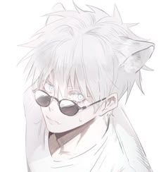 an anime character with glasses and a cat's head in front of him, looking at the camera