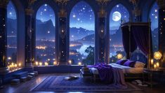 a bedroom with a view of the mountains and stars in the sky is lit by candles