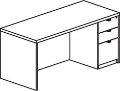 a line drawing of an office desk with two drawers and one file cabinet on the left side