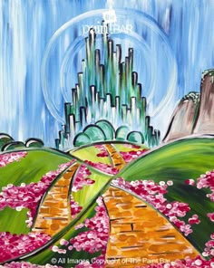 an acrylic painting of a castle in the sky with pink flowers on it