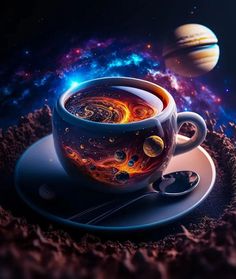 a cup of coffee with planets in the background