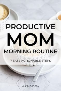 a bowl of oatmeal sitting on top of a white plate next to two cups