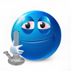 a blue ball with eyes and hands holding a pipe
