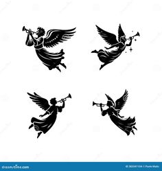 four angel silhouettes with wings and trumpet