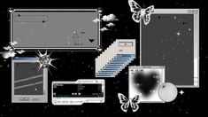 a computer screen with many different items on it and some butterflies flying over the screen