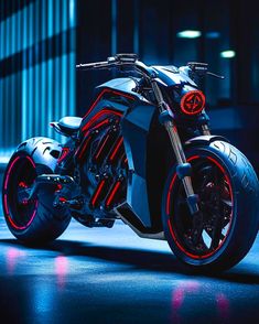a futuristic motorcycle with red lights on it's front wheel and tire rims