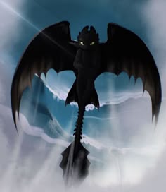 a black dragon flying through the sky with its wings spread