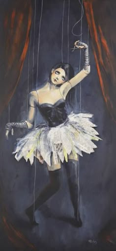 a painting of a woman in a black and white dress holding a string with her hands