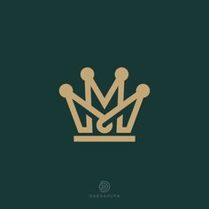 a gold crown on a green background with the letter m in it's center