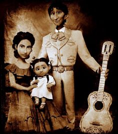 an old photo of a man, woman and child with a guitar in front of them