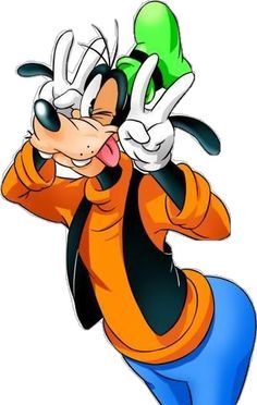 an animated mickey mouse with his tongue out and hands in the air, making a goofy face