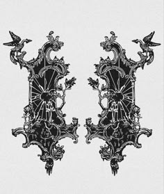 two black and white images of ornate designs