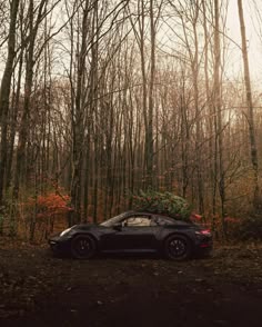 a car with a christmas tree on top parked in the middle of a wooded area