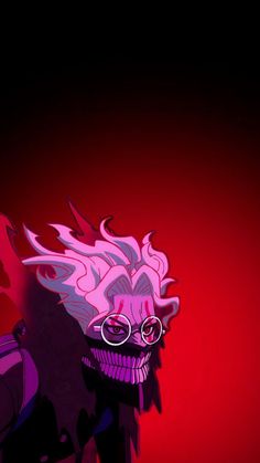 a cartoon character with glasses and hair in front of a red background that says,