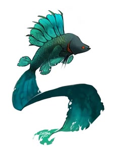 a drawing of a fish that is swimming in the water with its tail extended and it's head turned to the side