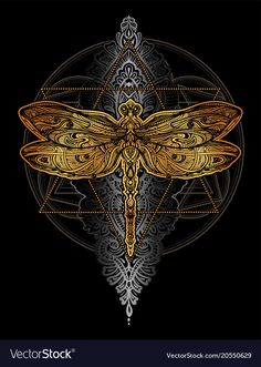 a dragonfly sitting on top of an ornate design in gold and grey tones, with intricate