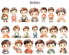 a bunch of small boys with different facial expressions and hair styles, all in various poses
