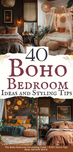 the book cover for 40 boho bedroom ideas and styling tips, with pictures of bedding