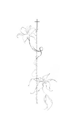 a drawing of a cross and flowers on a white background