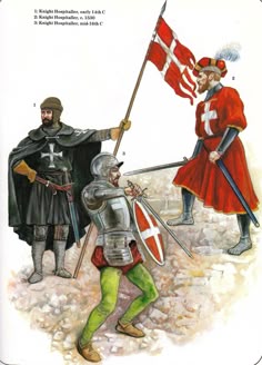 two men in armor holding flags and standing next to another man with a helmet on
