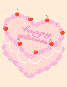 a pink heart shaped cake with cherries on it and the words happy valentine's day