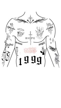 the back of a man's shirt with tattoos on it