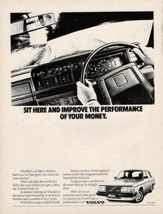 an old advertisement for the volvo car company, featuring a woman driving in her car