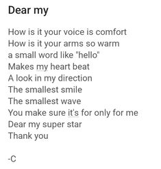 the poem dear my is written in black on a white background with words below it