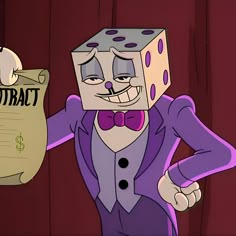 a cartoon character holding up a piece of paper