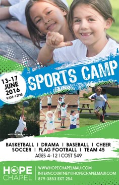 a flyer for a sports camp with two girls in white shirts and green shorts, one girl is pointing at the camera