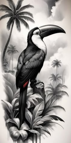 a black and white drawing of a toucan on a branch with palm trees in the background