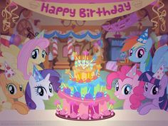 a birthday cake with many ponies around it
