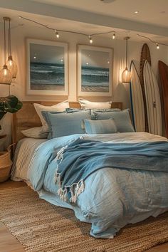 a bedroom with surfboards hanging on the wall