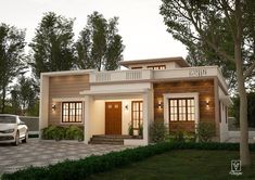 a car is parked in front of a small house with two levels on the second floor