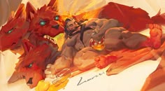 an image of some kind of artwork that is in the middle of a painting with flames coming out of it