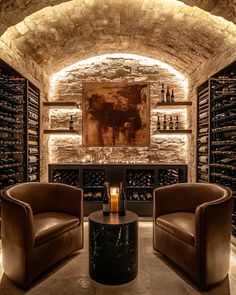 a wine cellar with two chairs and a table