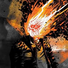 a drawing of a man with an orange and black skull on his head is shown