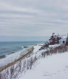 the beach is covered with snow and houses