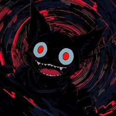 an animated black cat with red eyes and fangs on it's face, standing in front of a spiral background