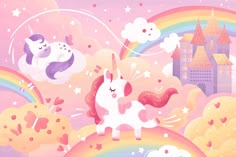 an illustration of unicorns and castle in the sky with stars, clouds, and rainbows